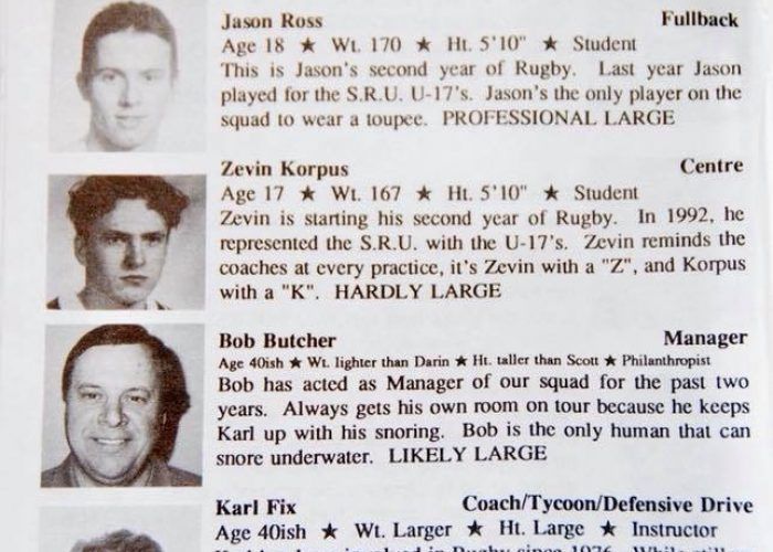A list of three rugby team members with headshots and personal descriptions, including names, roles, and humorous facts.