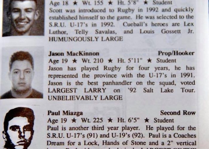 A list of rugby player profiles, each featuring a portrait next to their physical stats and biographical descriptions.