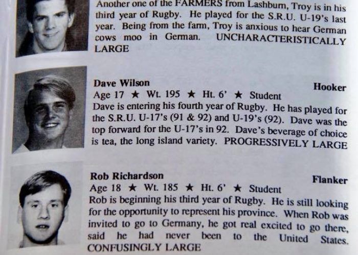 A yearbook-style page featuring three athletes with their names, positions, and short bios listed next to their portraits.