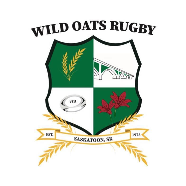 The Wild Oats Rugby logo from Saskatoon, SK, featuring a shield with wheat, a bridge, a rugby ball, and red lilies.