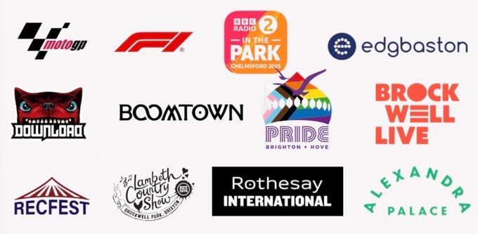 Logos for events  attended including MotoGP, Formula 1, Download, Boomtown, Brighton Pride, Brockwell Live, Recfest, and Rothesay International.