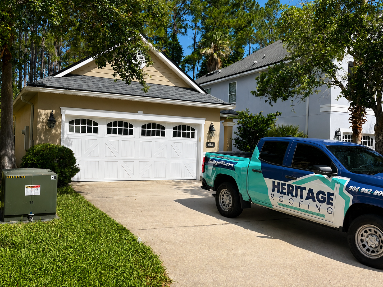 Suburban house with white garage, green lawn, and a turquoise service pickup in the driveway.