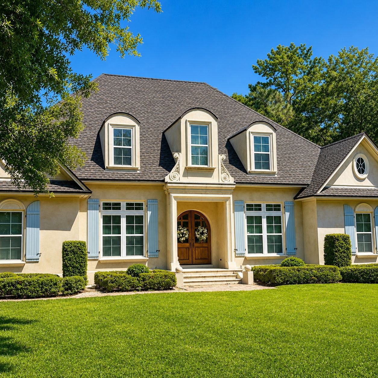 Large beige suburban house with a dark shingled roof, manicured lawn, and trees under a bright blue sky