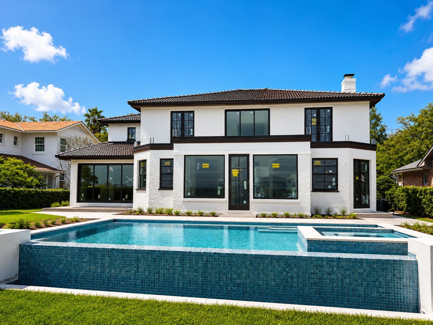 Modern two-story white house with black trim and a large turquoise infinity pool in front