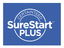 Blue SureStart Plus logo with Certainty branding in white text inside a circle