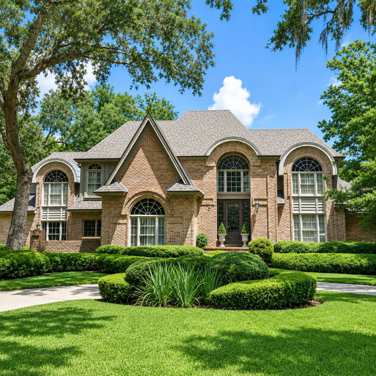 Large brick suburban house with arched windows, manicured lawn, and trees under a blue sky