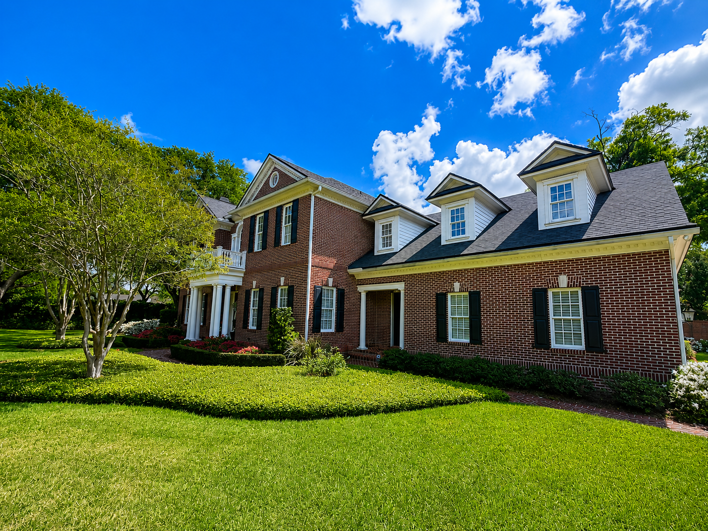 Historic brick mansion with white columns behind a lawn and a heritage sign in front