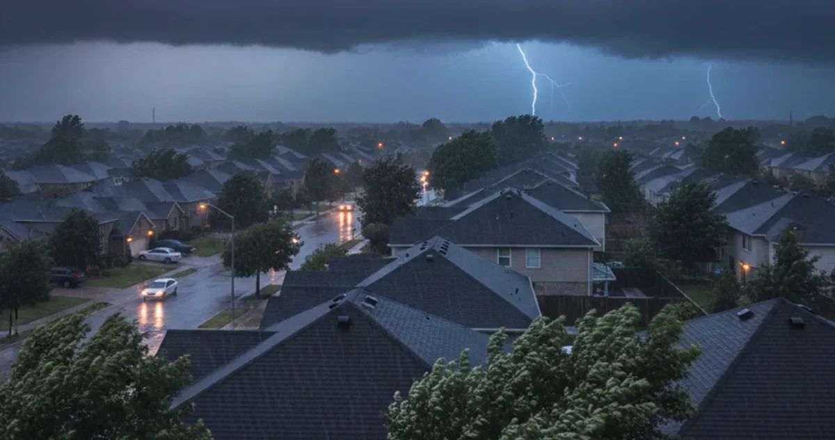 Suburban neighborhood at dusk with dark storm clouds, rain, glowing streetlights, and a distant lightning strike