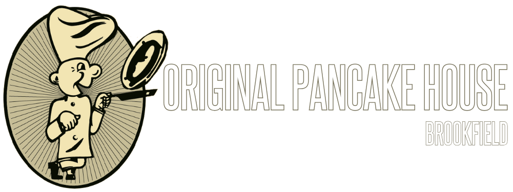 Logo of The Original Pancake House, Brookfield. A chef flips a pancake; text in red and white.