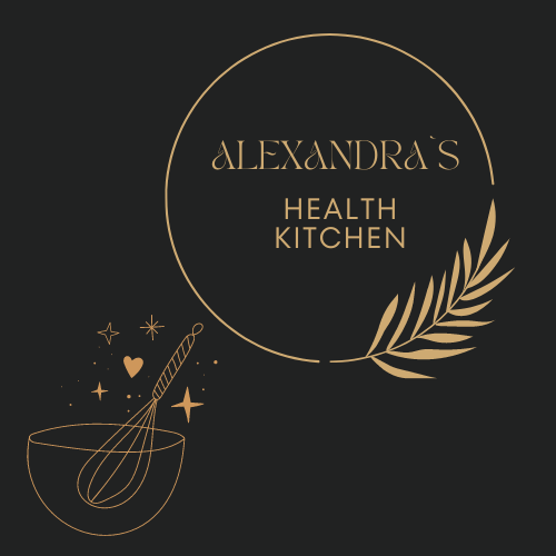 Ein Logo für Alexandras Gesundheitsküche mit einer Schüssel und einem Schneebesen