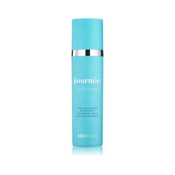 Turquoise Joumée skincare bottle with silver band on a white background