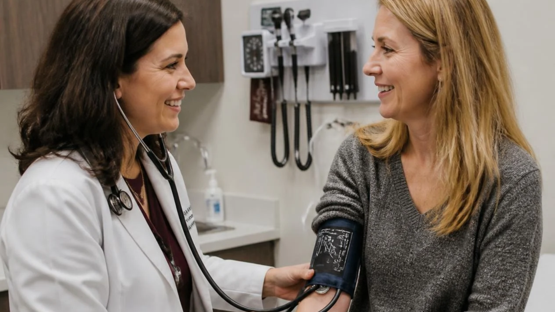 Primary Care provider taking a woman’s blood pressure in a clinic exam room
