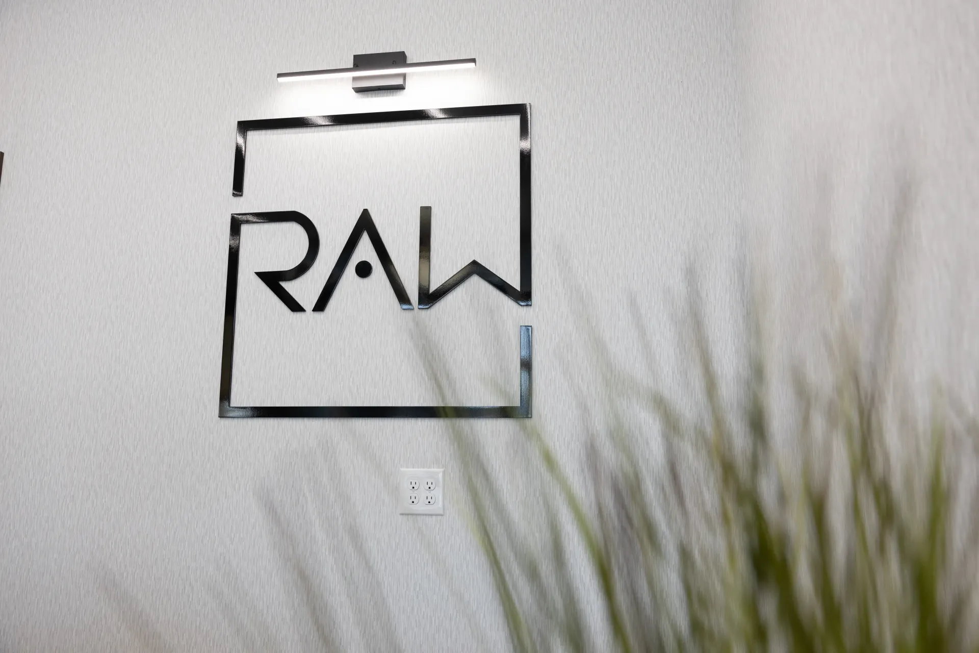 Black RAW logo on a wall above blurred green grass.