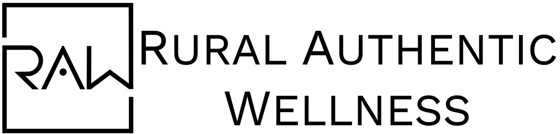 Logo for Rural Authentic Wellness with a stylized “RAW” in a box and black text on white background