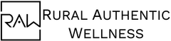 Logo for Rural Authentic Wellness with a stylized “RAW” in a box and black text on white background