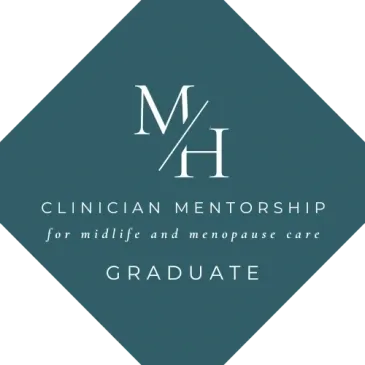 Teal diamond logo reading “MH Clinician Mentorship for Midlife and Menopause Care Graduate”