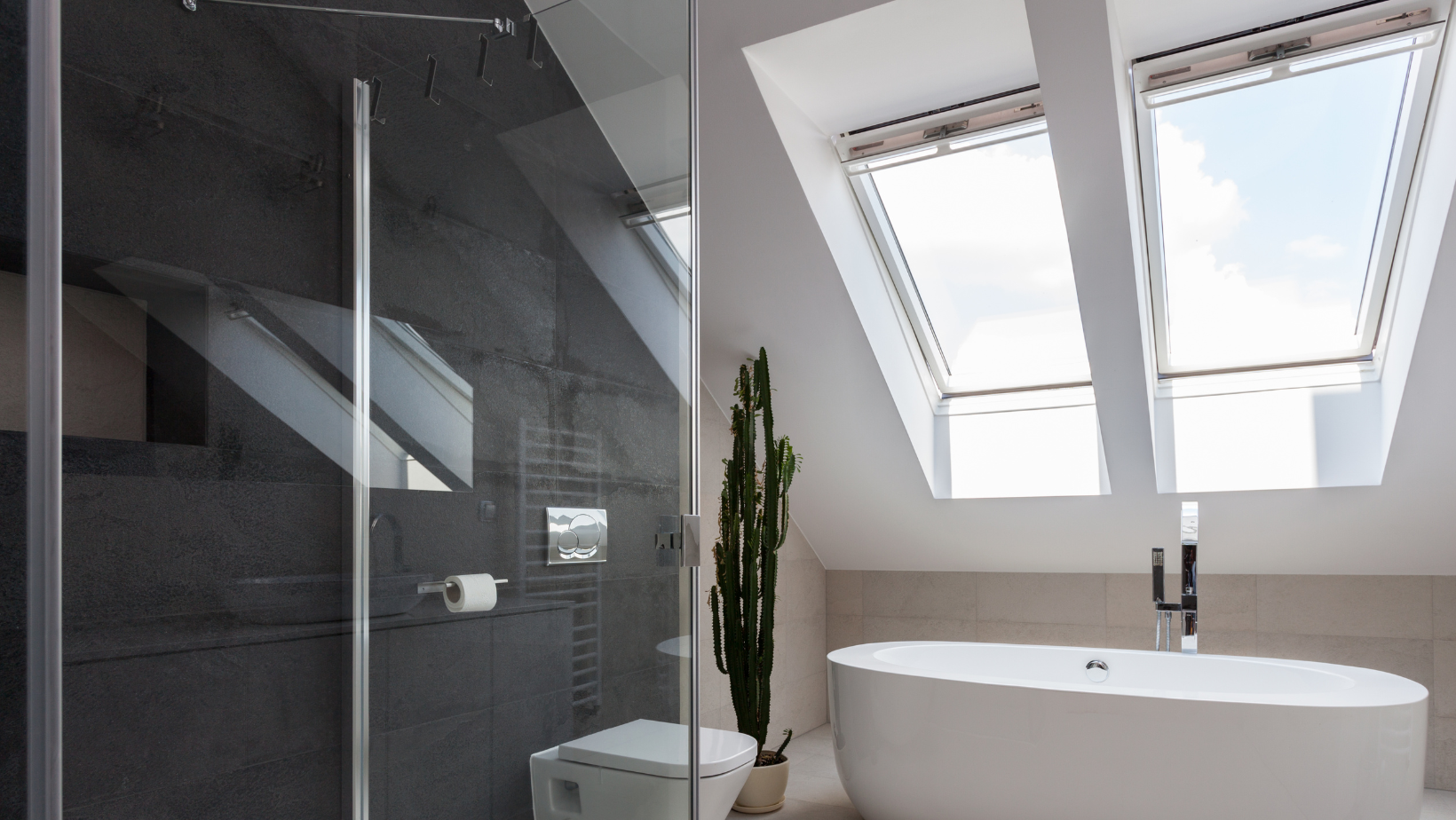 Modern bathroom with a glass shower, skylight windows, white bathtub, and potted plant