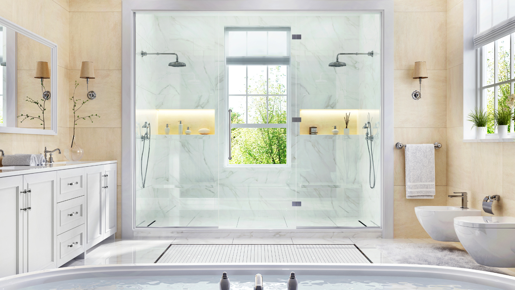 Bright, modern bathroom with a glass-enclosed shower, white vanity, and a soaking tub by a window.