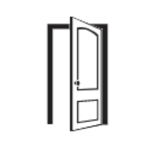 Open door with black frame and white panels, viewed slightly ajar.
