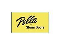 Pella Storm Doors logo on a yellow rectangular sign with black text
