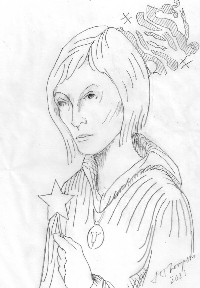 Person holding a star, wearing a hooded robe, with a swirling aura above their head.