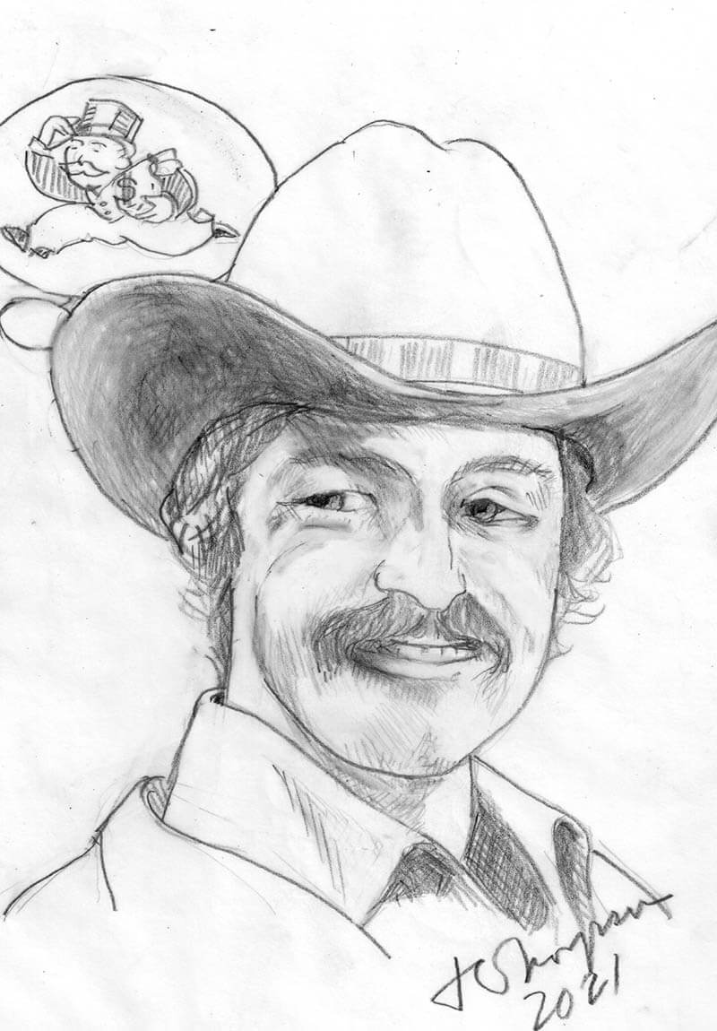 Pencil sketch of a man in a cowboy hat smiling, with a hat and objects in background.