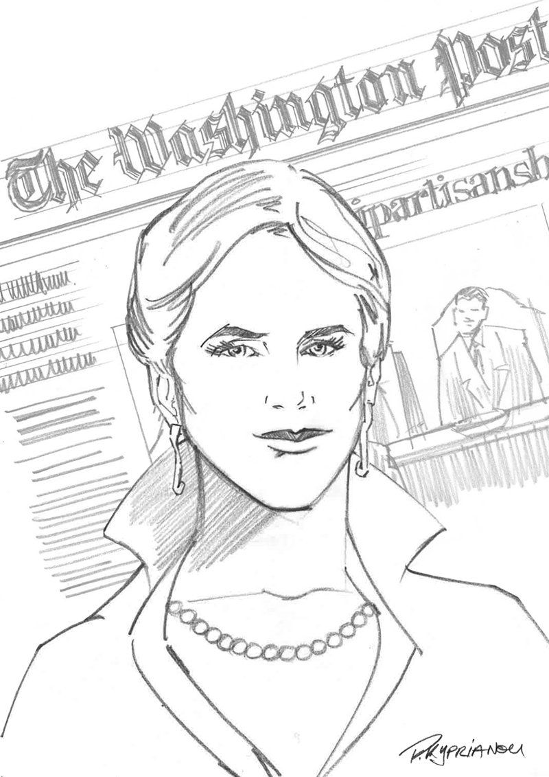 Woman in front of a Washington Post newspaper. Wearing a pearl necklace and earrings.