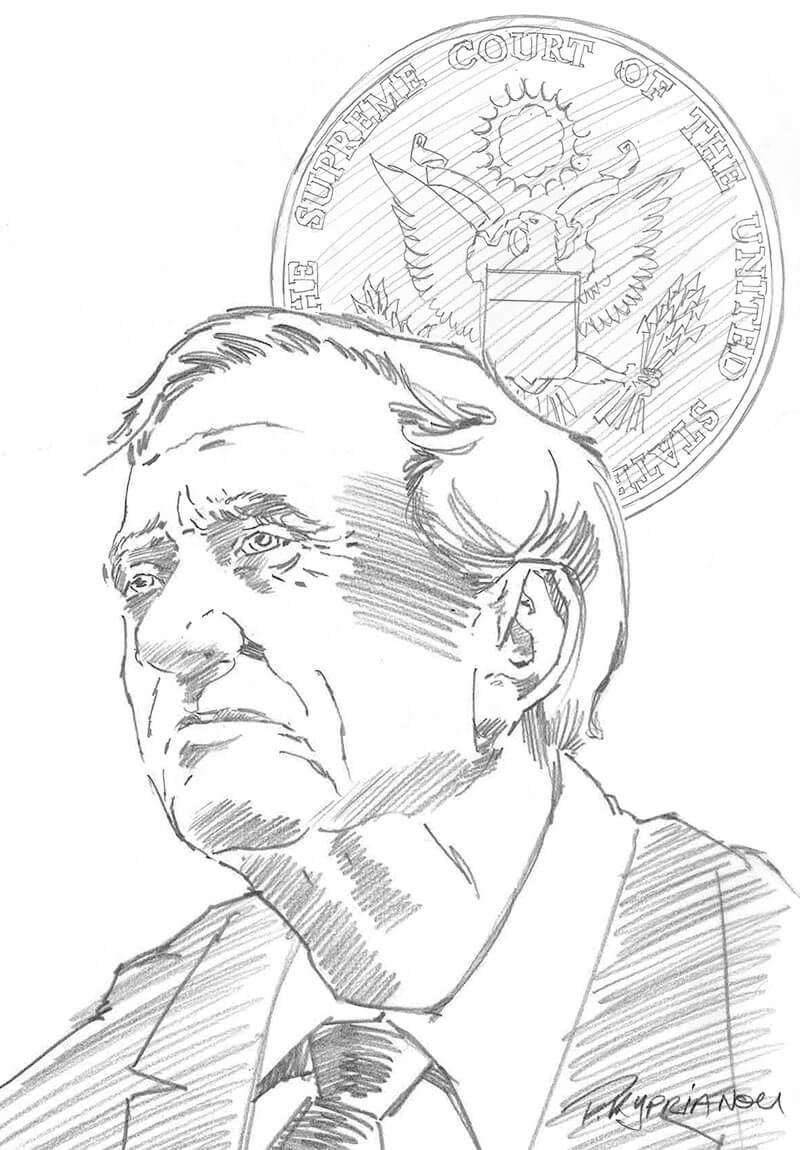 Portrait of a man with serious expression, United States seal overhead. Drawn in black and white, cross-hatching style.