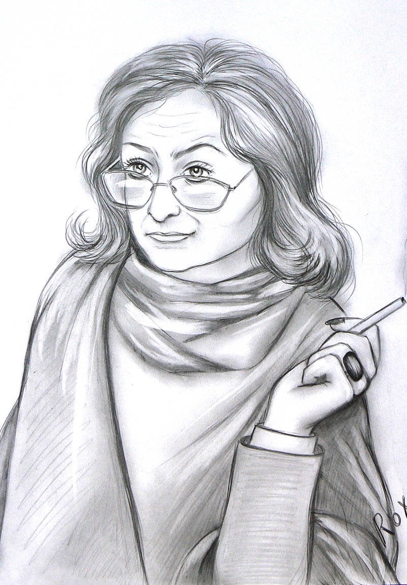 Woman with glasses and shawl, holding a pen, drawn in pencil.