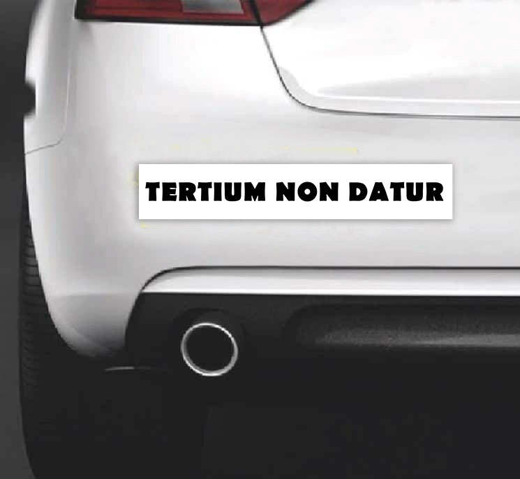 Bumper sticker on a white car reads 