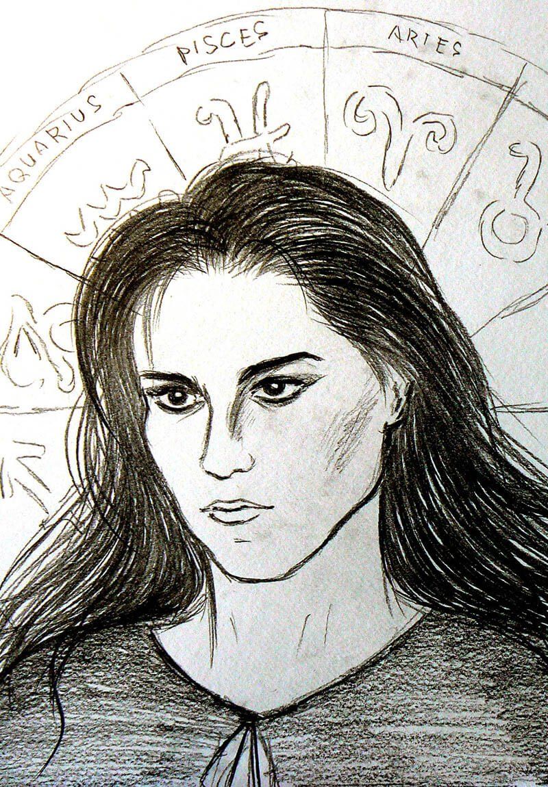 Woman with long dark hair, drawn in pencil, looking down, set against a zodiac wheel backdrop.