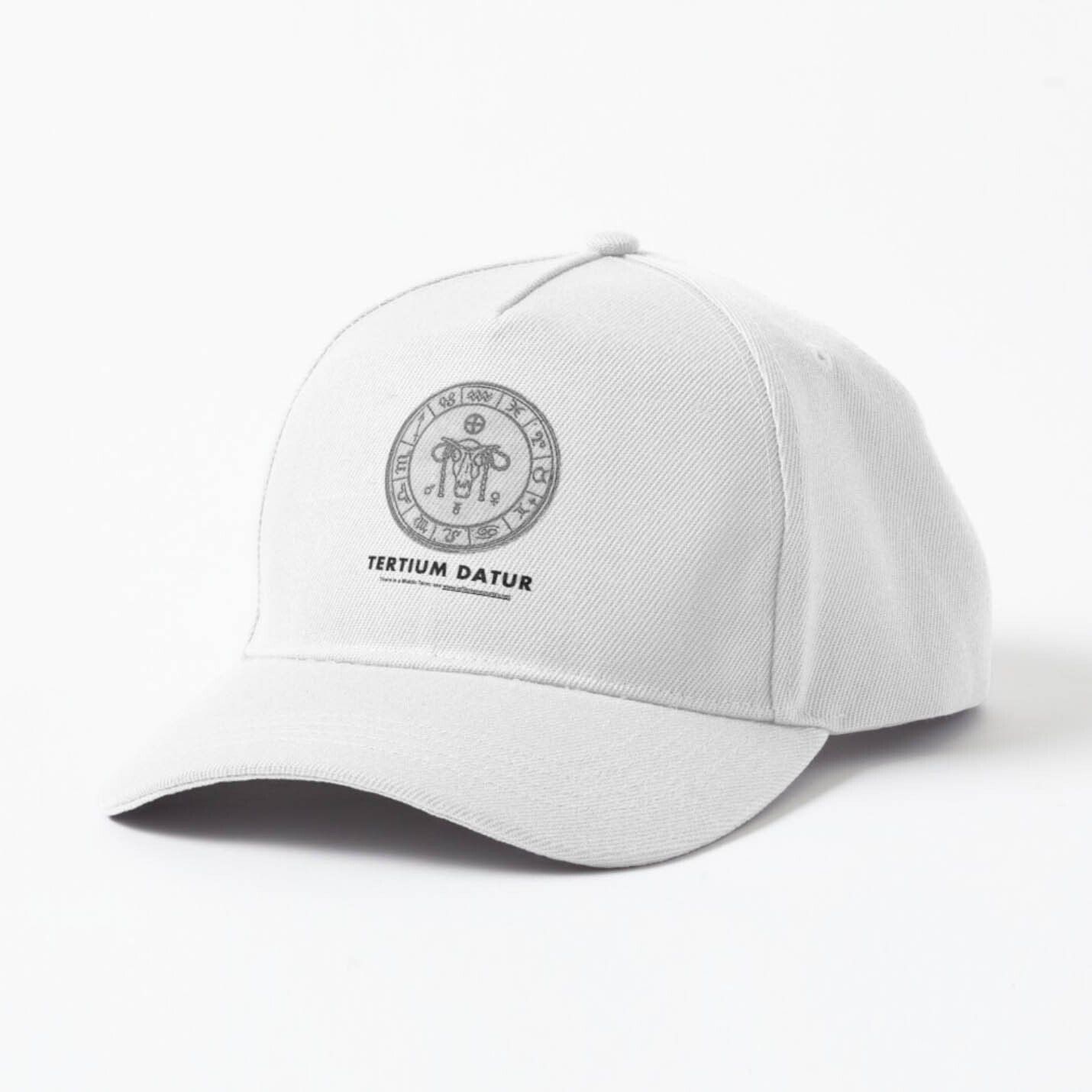White baseball cap with a gray circular logo and text