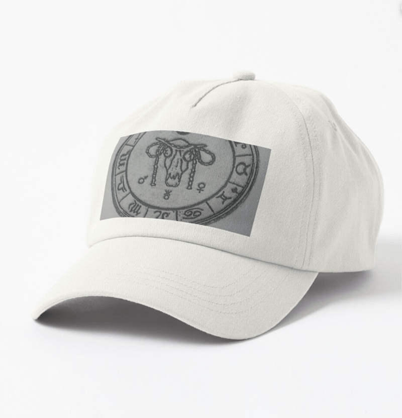 White baseball cap with a circular emblem featuring a bull skull and zodiac symbols.