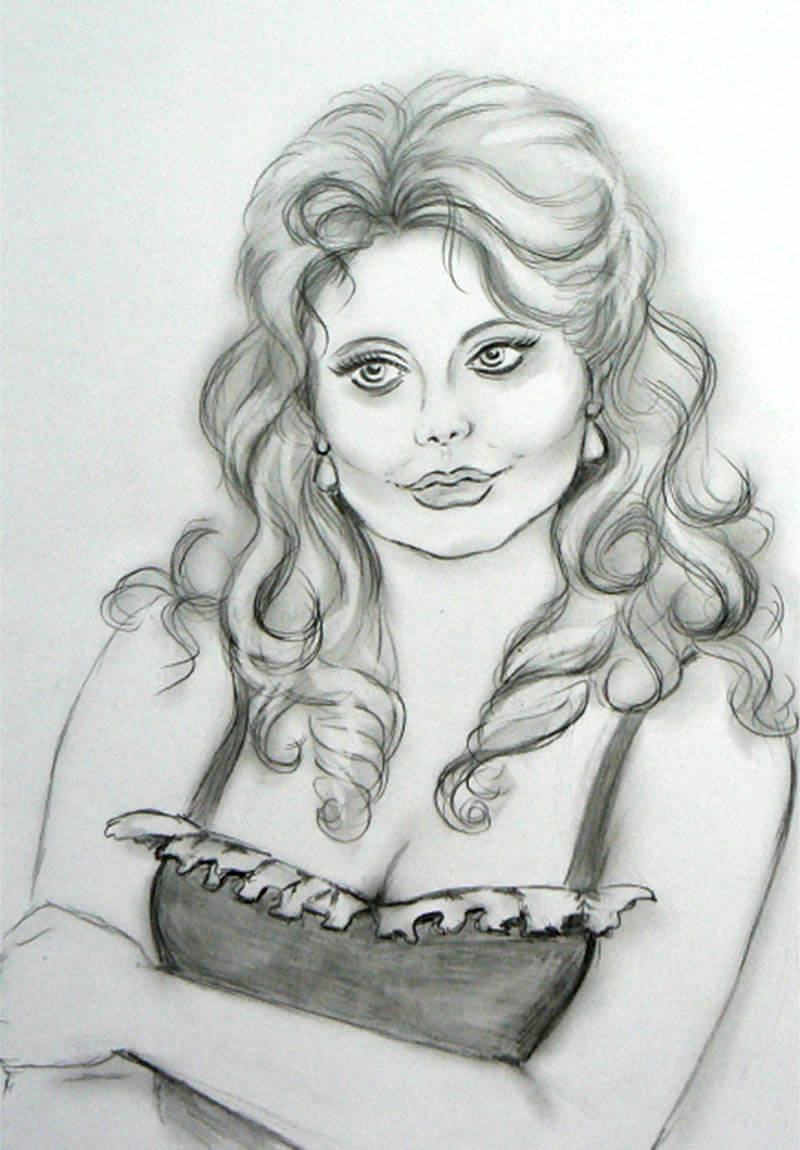 Pencil drawing of woman with wavy hair, wearing a dark top with frill detail, arms crossed, looking away.