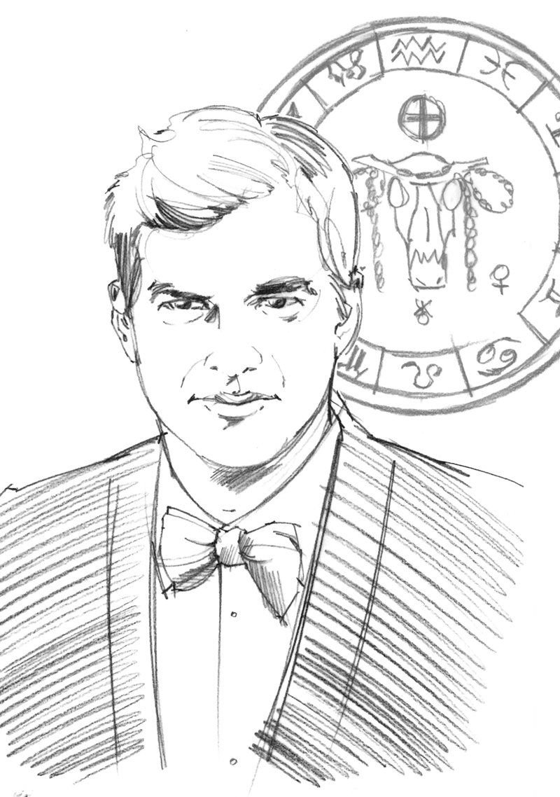 A man in a suit with a bow tie, next to a zodiac wheel with the Taurus symbol.