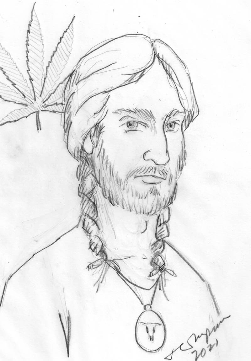 A sketched portrait of a person with long braided hair and a beard, wearing a pendant, with a cannabis leaf.