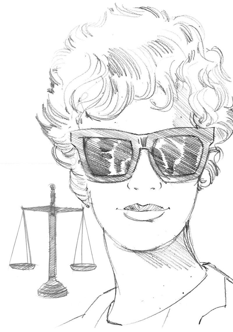 Person wearing sunglasses; scales of justice beside them.