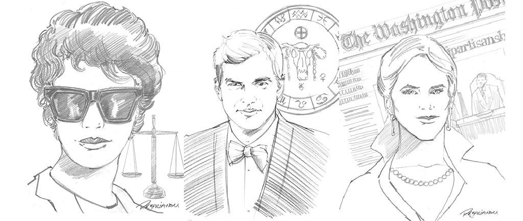 Illustration of three people: a woman with sunglasses, a man in a bow tie, and a woman next to a newspaper clipping.
