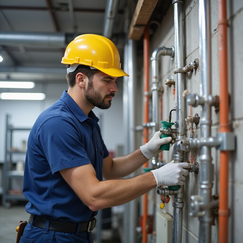 A person in a yellow hard hat and gloves works on pipes in a utility room.