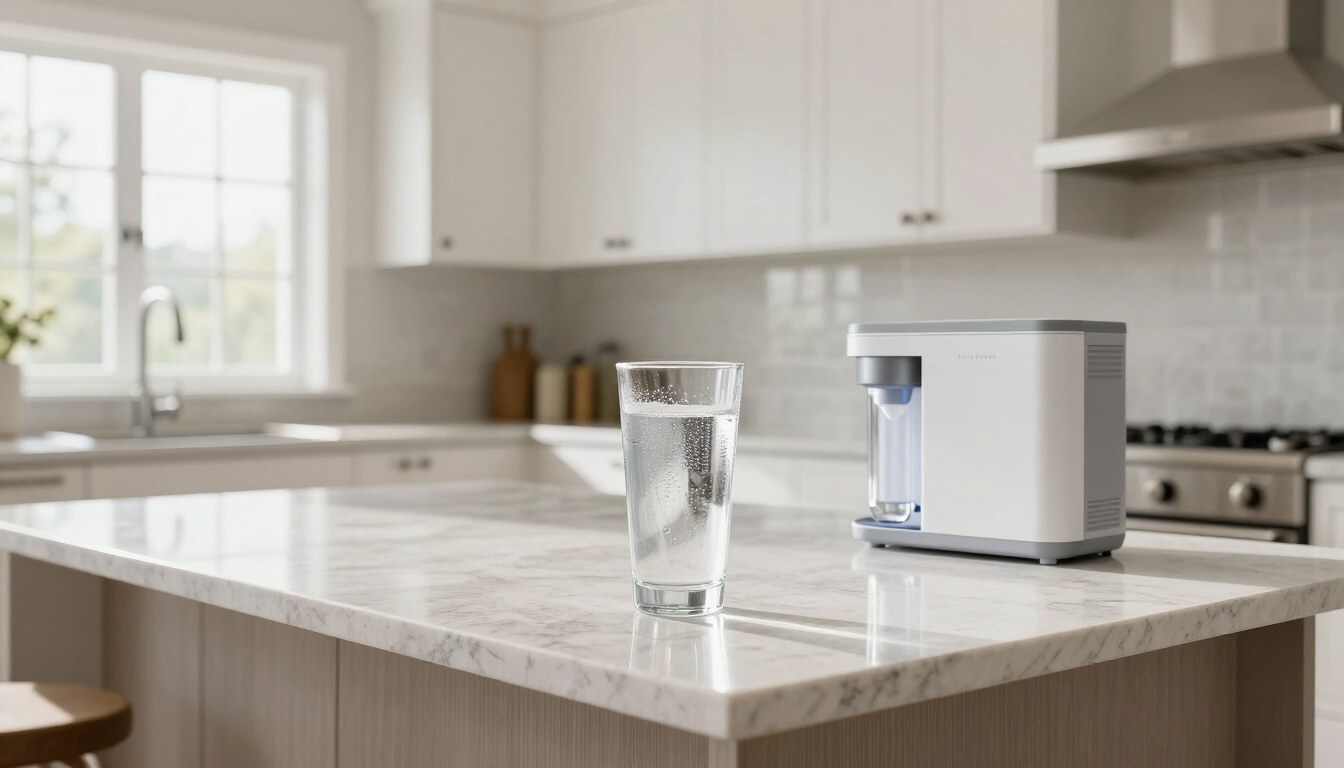 Whole home water filtration system providing clean water in a modern kitchen
