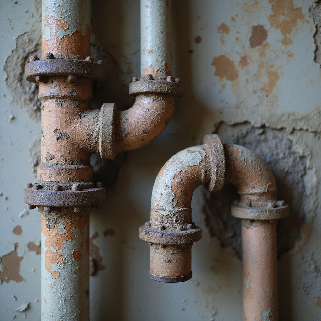 Old, rusty pipes with peeling paint against a weathered wall. Pipe replacement and repair from leaking pipe. Plumber in NEGA.