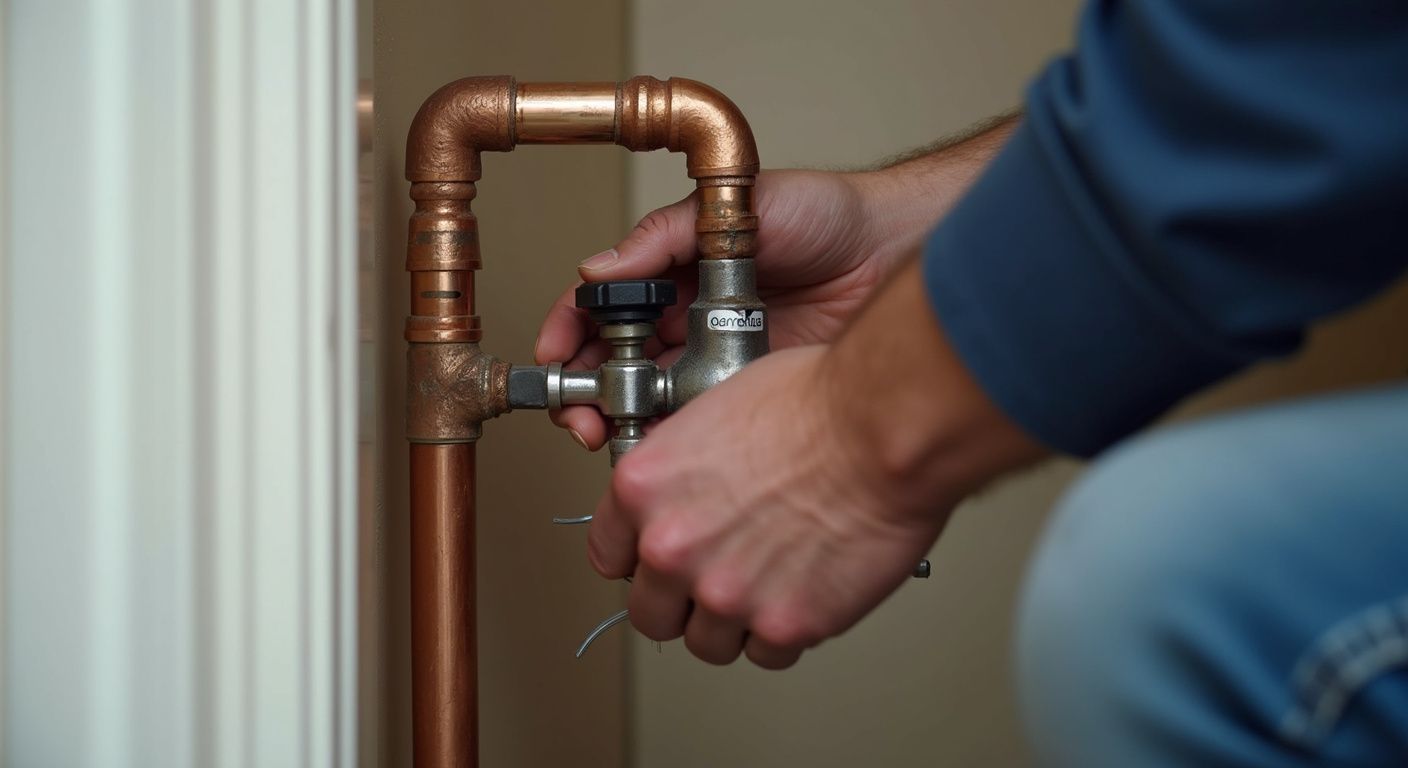 Person adjusts a valve on copper pipes near white wall. Pipes in walls and floors repair from trusted plumber in Commerce GA.