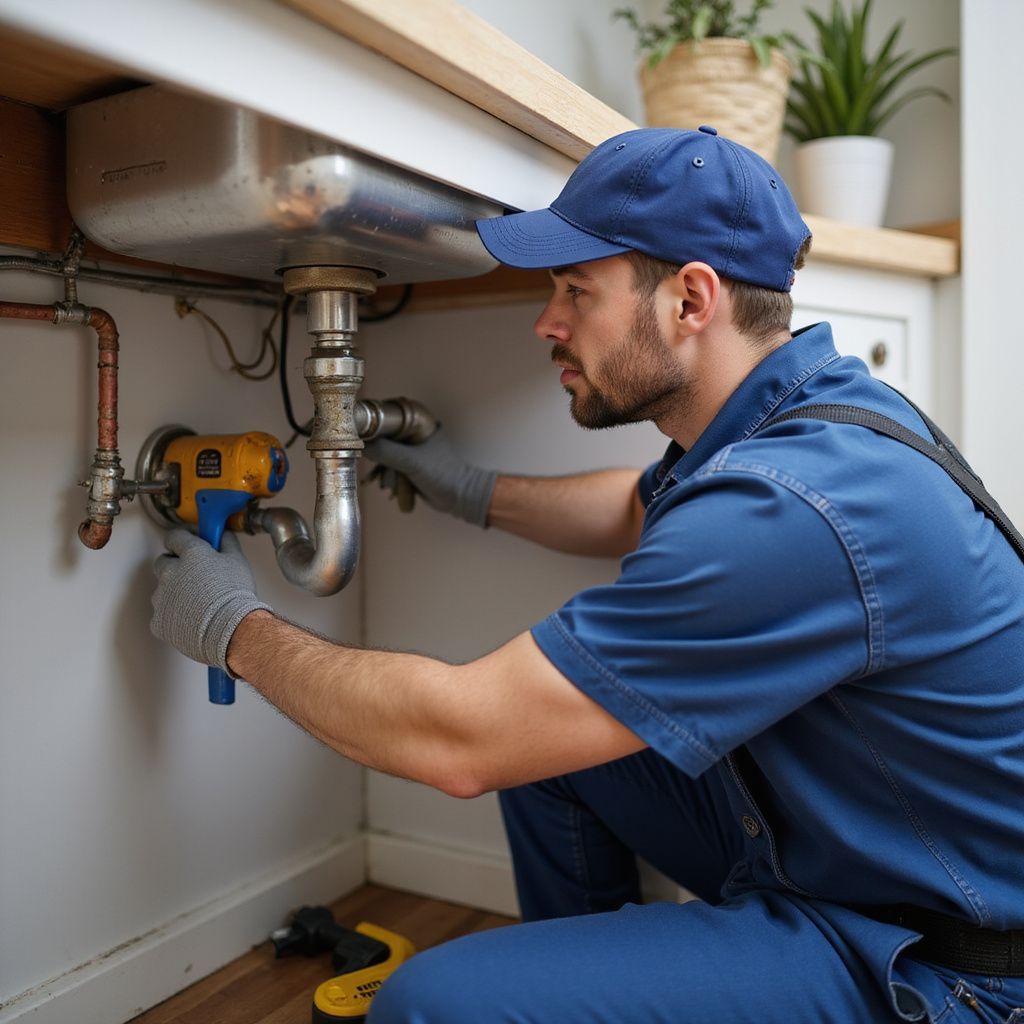 Plumber in blue uniform fixing pipes under a kitchen sink, using a wrench. MasterCraft Plumbing plumbing repairs and fixes.