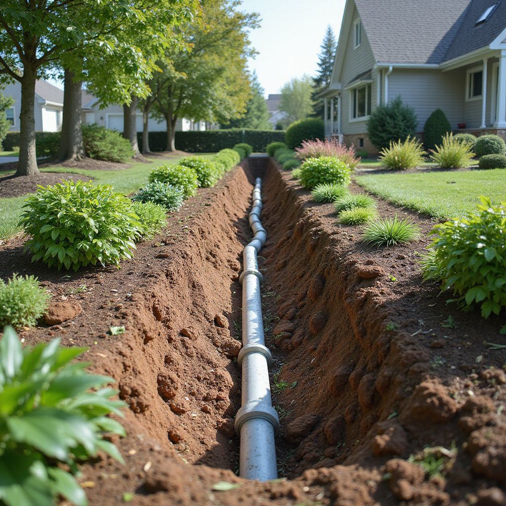 A trench in a yard with a drainage pipe running through it, alongside landscaping and a house.