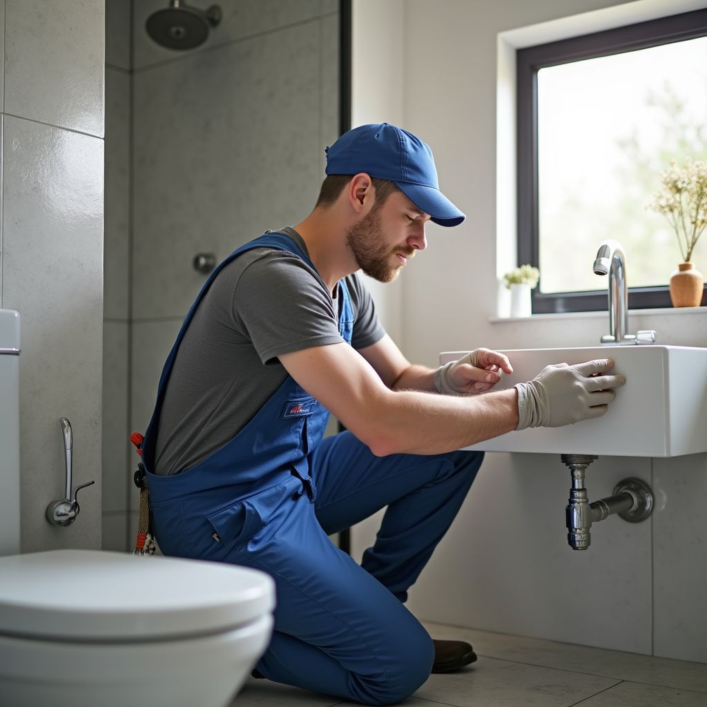 Plumber installing a white bathroom sink, wearing a blue cap and overalls, in a modern bathroom.