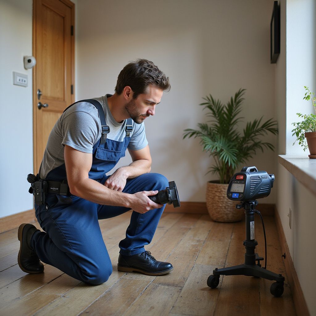 Man in blue overalls inspects wall with a device on a tripod indoors.