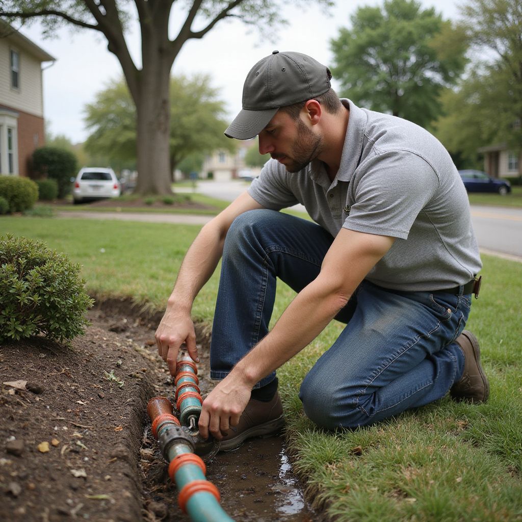 Man kneels, connecting irrigation pipes in a lawn ditch, wearing jeans and a hat. Suburban setting.
