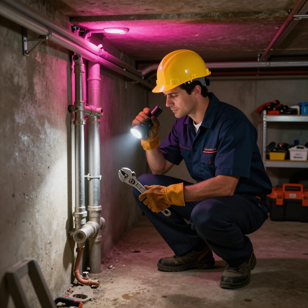 emergency plumber technician working in the basement of a commercial property for after hours plumbing