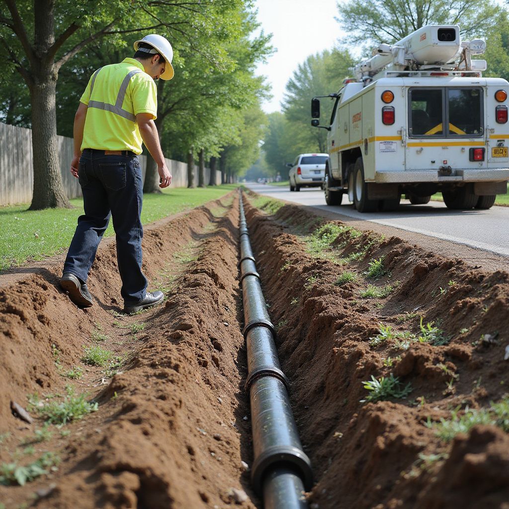 Utility worker inspecting a pipeline in a roadside trench, with a utility truck nearby.