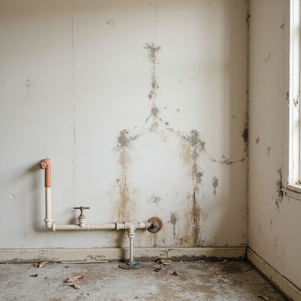 White wall with water damage, pipes, and a window in a dilapidated room. Walls molded from leaking pipes behind walls in home